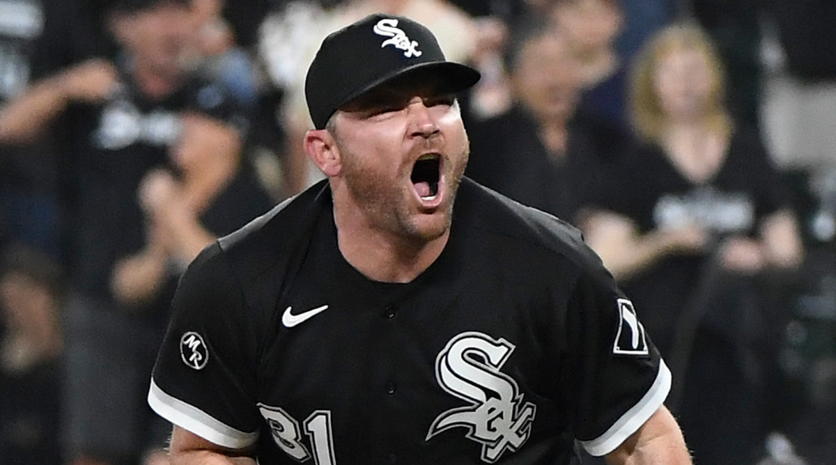 Chicago White Sox relief pitcher Liam Hendriks reacts after striking out Houston Astros second baseman Jose Altuve (not pictured) for the final out of the game during Game 3 of the 2021 ALDS.