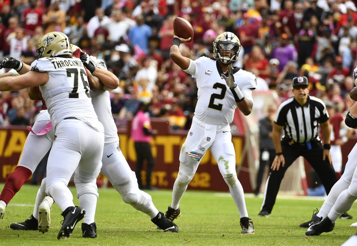 New Orleans Saints quarterback Jameis Winston (2) throws a pass against Washington at FedExField. Mandatory Credit: Brad Mills-USA TODAY 