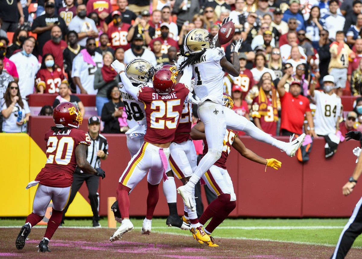 New Orleans Saints wide receiver Marquez Callaway (1) catches a touchdown pass against Washington. Mandatory Credit: Brad Mills-USA TODAY Sports