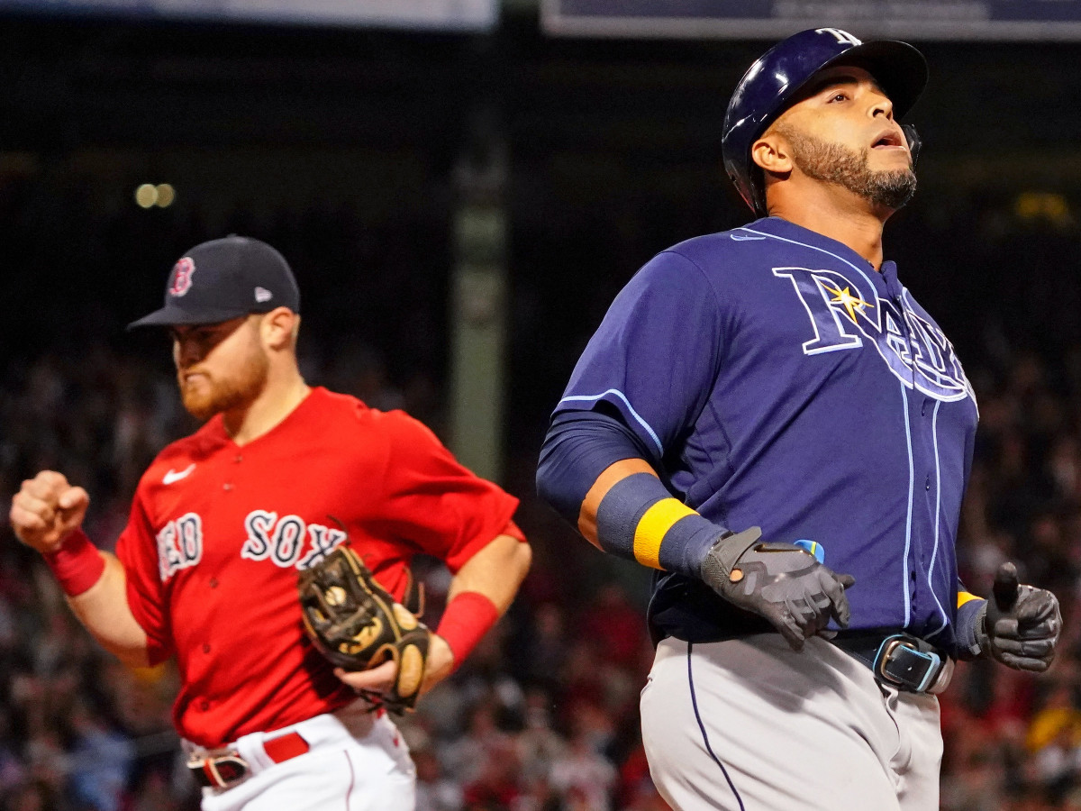 Tampa Bay Rays designated hitter Nelson Cruz (23) reacts after grounding out against the Boston Red Sox to end the eighth inning during game four of the 2021 ALDS at Fenway Park.