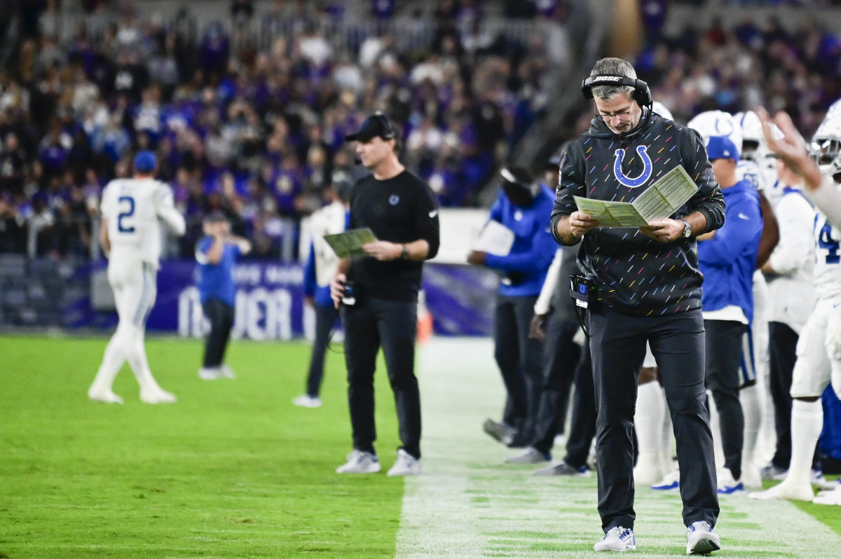 Oct 11, 2021; Baltimore, Maryland, USA; Indianapolis Colts head coach Frank Reich during the first half against the Baltimore Ravens at M&T Bank Stadium.