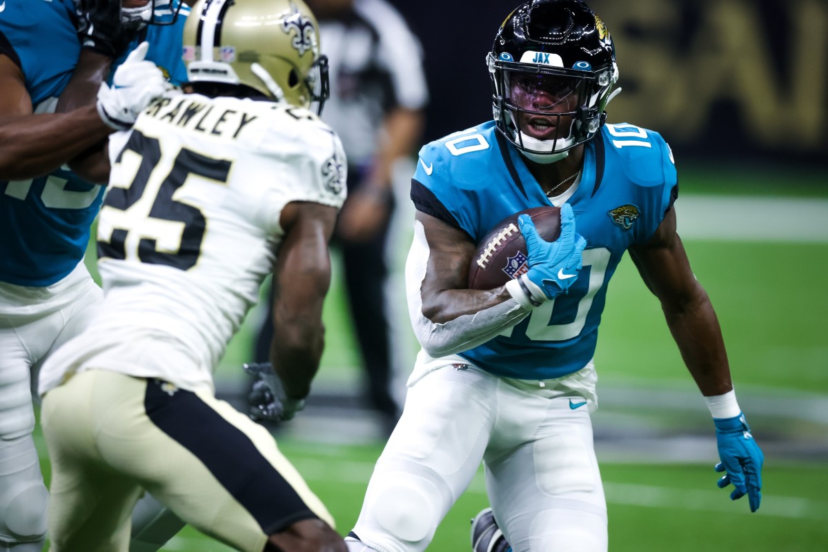 Jacksonville receiver Laviska Shenault Jr. (10) runs against New Orleans Saints cornerback Ken Crawley (25). Mandatory Credit: Stephen Lew-USA TODAY Sports