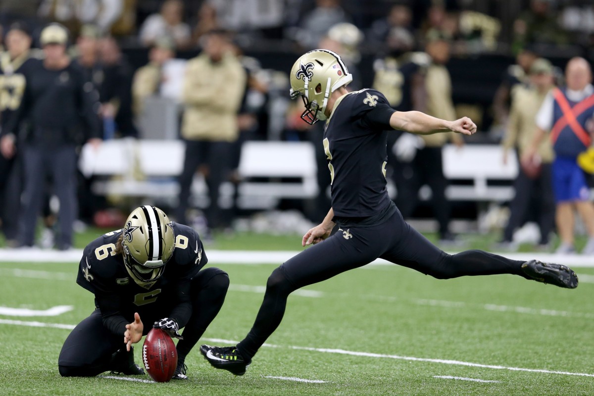 New Orleans Saints kicker Wil Lutz (3) attempts a field goal against the Atlanta Falcons. Mandatory Credit: Chuck Cook-USA TODAY 