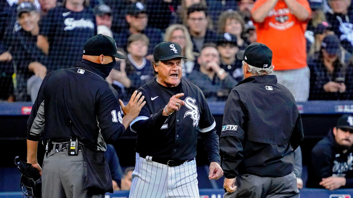 Tony La Russa confronts the umpires after his player was hit by a pitch