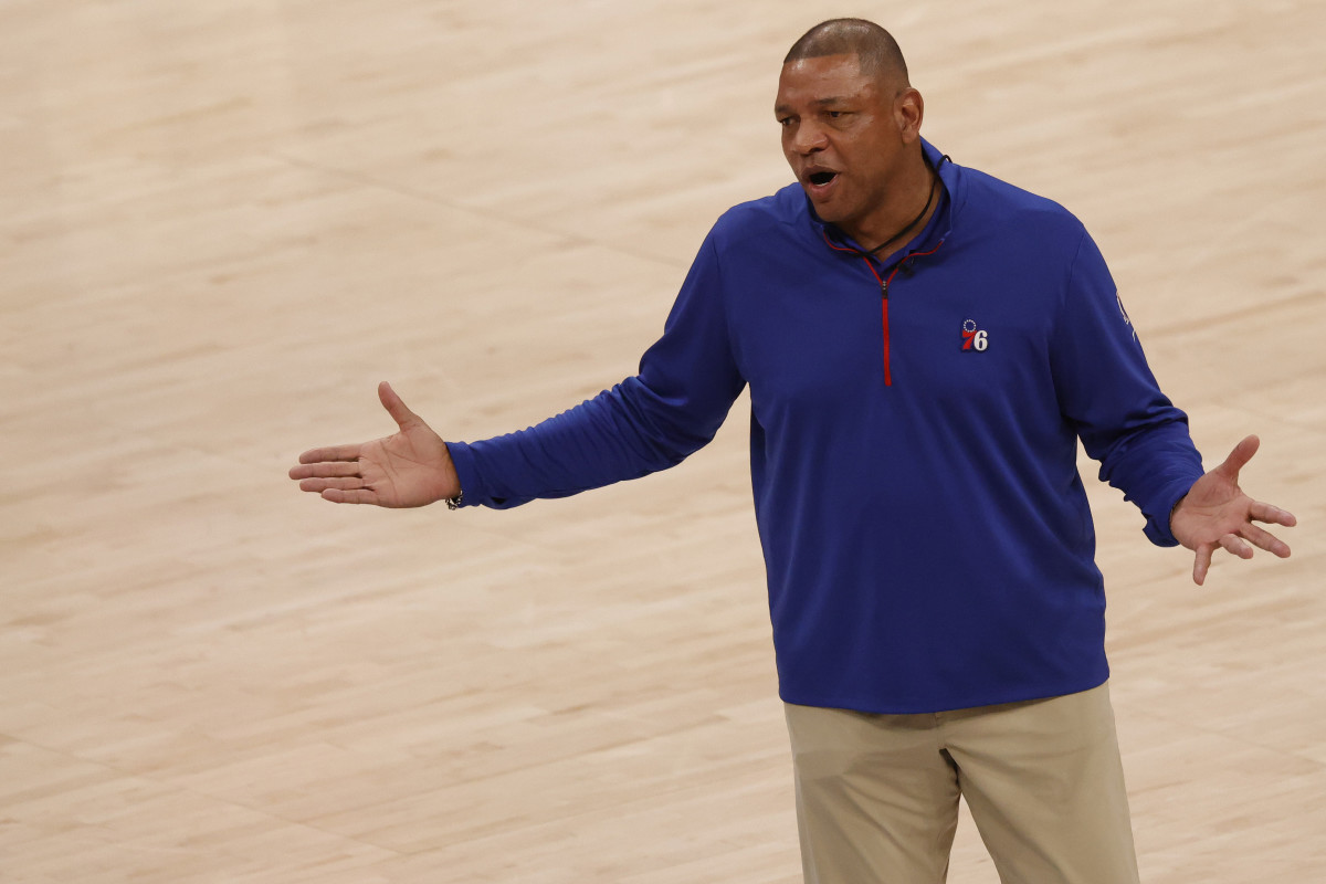 May 29, 2021; Washington, District of Columbia, USA; Philadelphia 76ers head coach Doc Rivers argues with officials during a timeout against the Washington Wizards in the first quarter during game three in the first round of the 2021 NBA Playoffs at Capital One Arena.