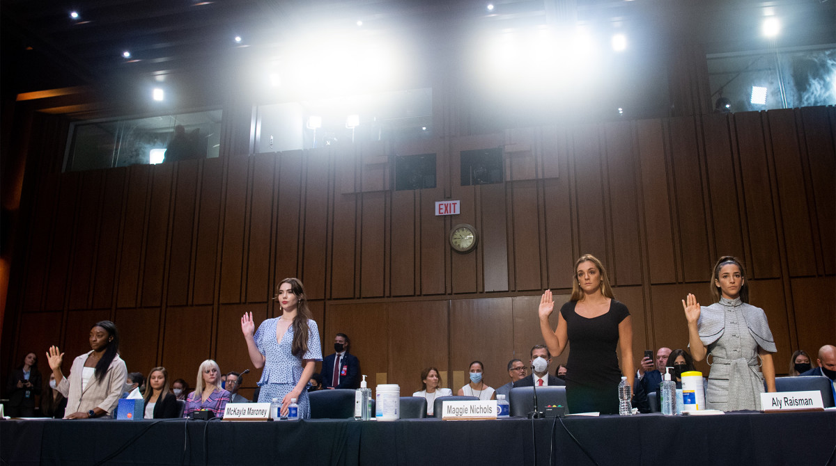 US Olympic gymnasts Simone Biles, McKayla Maroney, Maggie Nichols, and Aly Raisman, are sworn in to testify during a Senate Judiciary hearing about the Inspector General's report on the FBI handling of the Larry Nassar investigation of sexual abuse of Olympic gymnasts, on Capitol Hill, September 15, 2021, in Washington, DC.