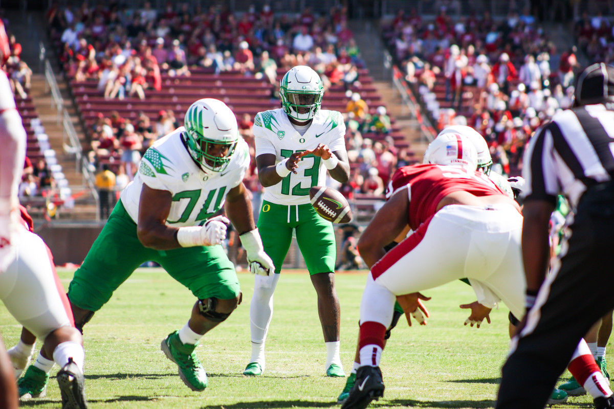 Oregon Ducks offensive lineman Steven Jones (74) fires off the line of scrimmage against the Stanford Cardinal in Palo Alto. 
