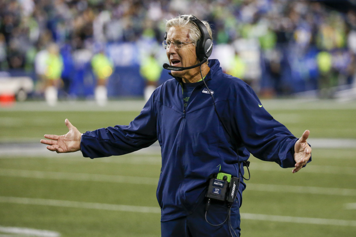 NFL: Los Angeles Rams at Seattle Seahawks Oct 7, 2021; Seattle, Washington, USA; Seattle Seahawks head coach Pete Carroll reacts to a non-call of pass interference during the fourth quarter against the Los Angeles Rams at Lumen Field. Mandatory Credit: Joe Nicholson-USA TODAY Sports