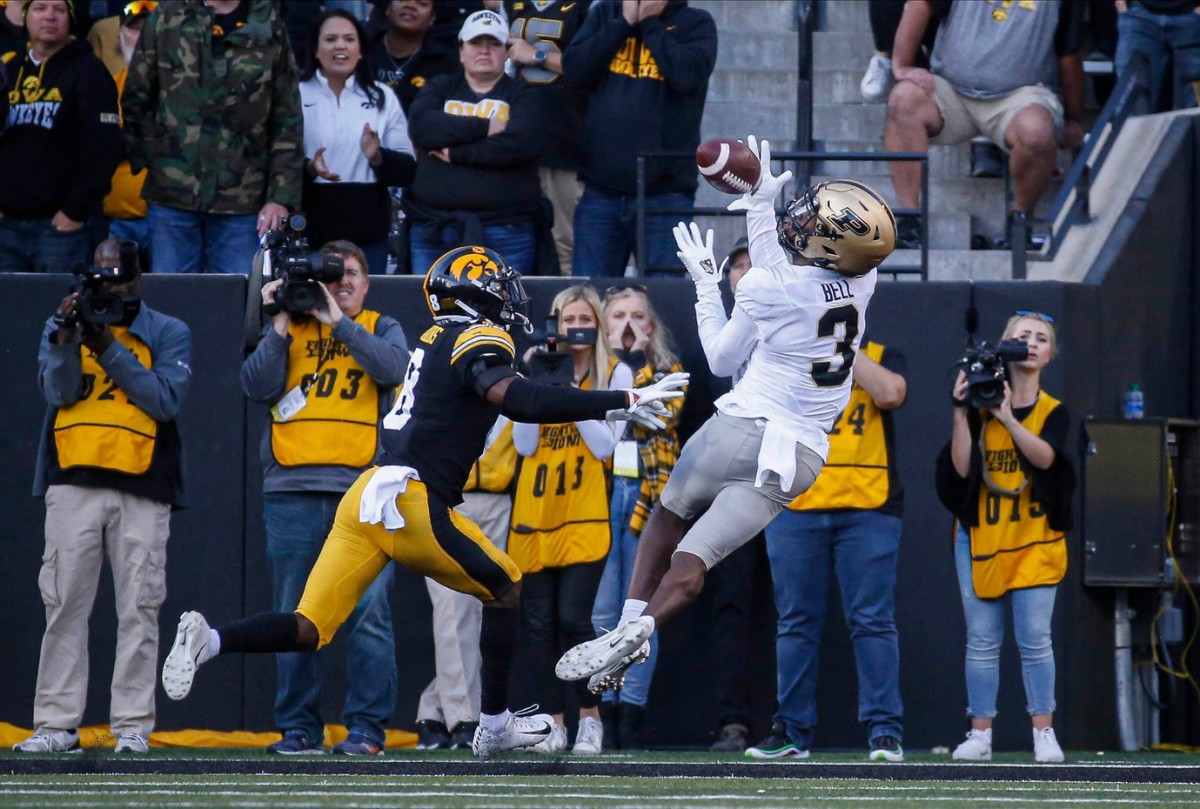 Purdue junior wide receiver David Bell pulls in a touchdown pass in the third quarter against Iowa on Saturday, Oct. 16, 2021, at Kinnick Stadium in Iowa City.