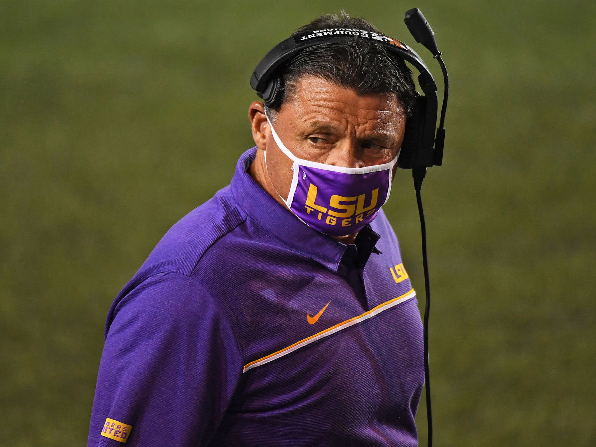 Ed Orgeron on the sideline during a 5–5 2020 season