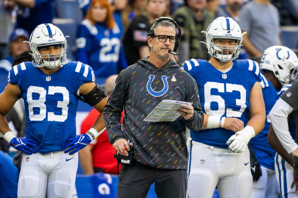 Oct 17, 2021; Indianapolis, Indiana, USA; Indianapolis Colts head coach Frank Reich on the sideline in the second half against the Houston Texans at Lucas Oil Stadium.