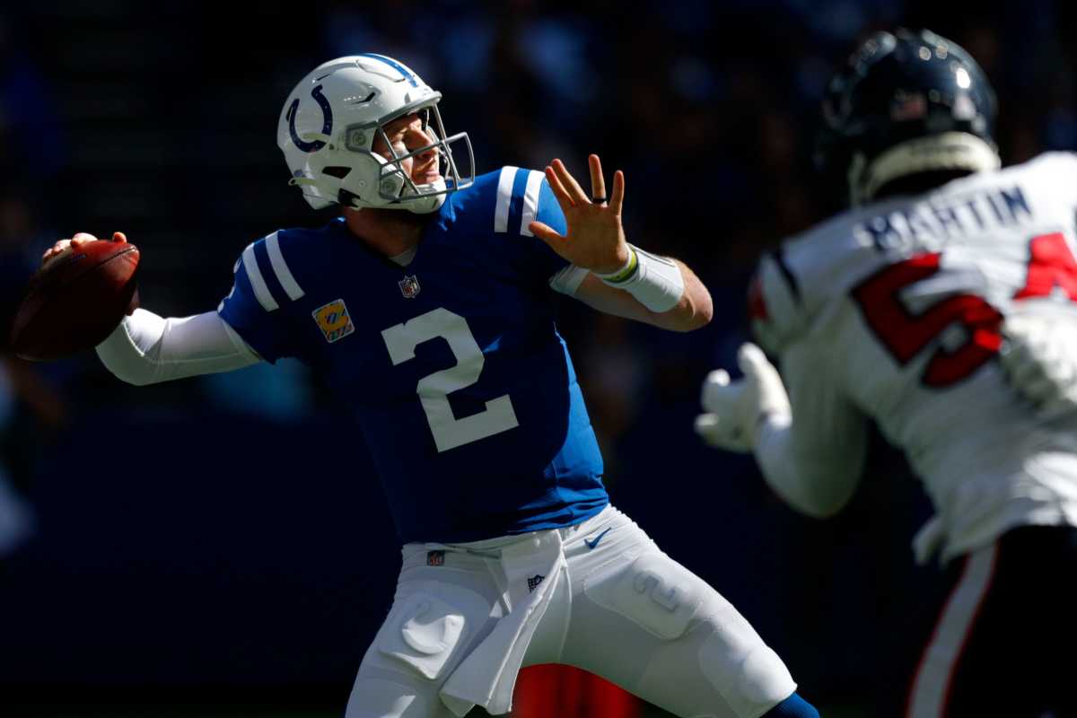 Indianapolis Colts quarterback Carson Wentz (2) draws back to pass Sunday, Oct. 17, 2021, during a game against the Houston Texans at Lucas Oil Stadium in Indianapolis.