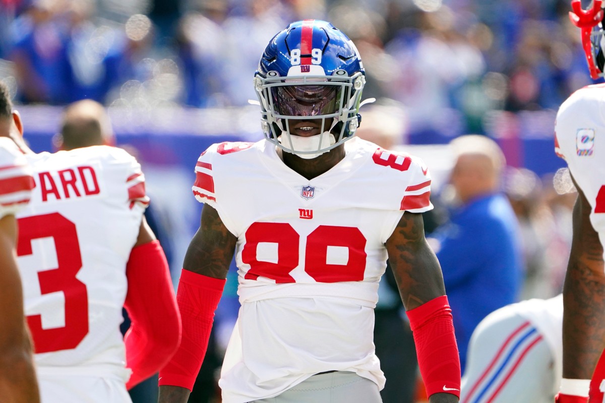 New York Giants wide receiver Kadarius Toney (89) on the field before the first half against the Los Angeles Rams at MetLife Stadium on Sunday, Oct. 17, 2021, in East Rutherford.