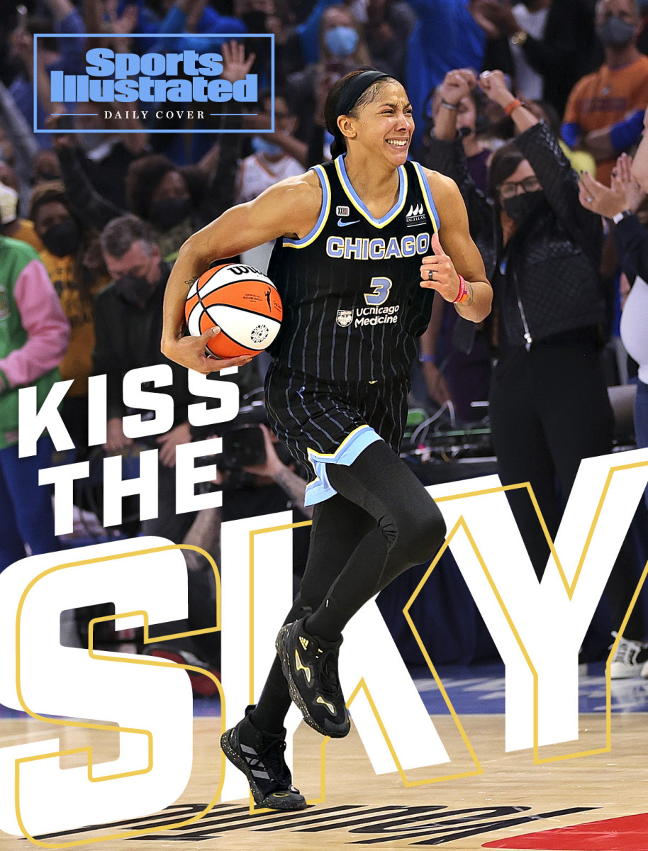 Candace Parker running and smiling down court with "Kiss the Sky" overlaid