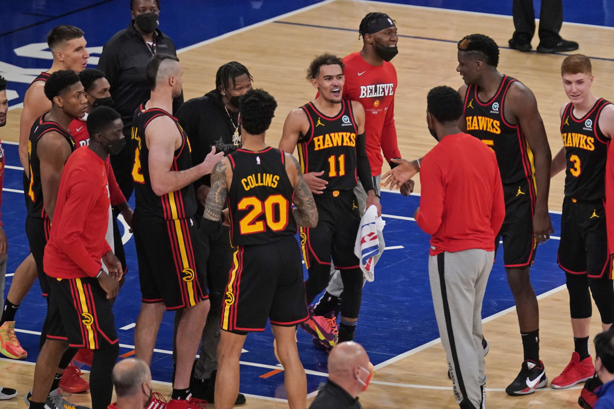 Atlanta Hawks celebrating in 2021 NBA Playoffs. The team hopes to replicate their success in the 2021-22 NBA Season.