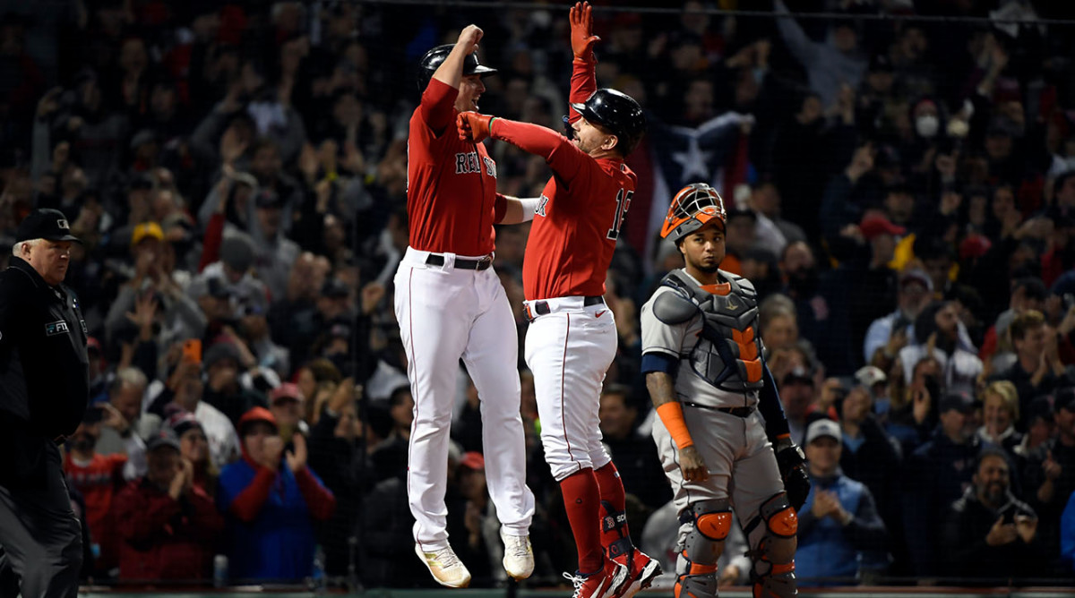Boston Red Sox celebrate a win against the Houston Astros