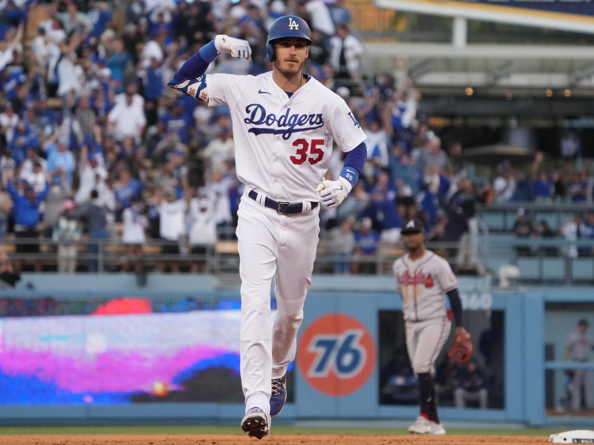 Los Angeles Dodgers first baseman Cody Bellinger (35) celebrates after hitting a three-run home run in the eighth inning of game three of the 2021 NLCS against the Atlanta Braves at Dodger Stadium.