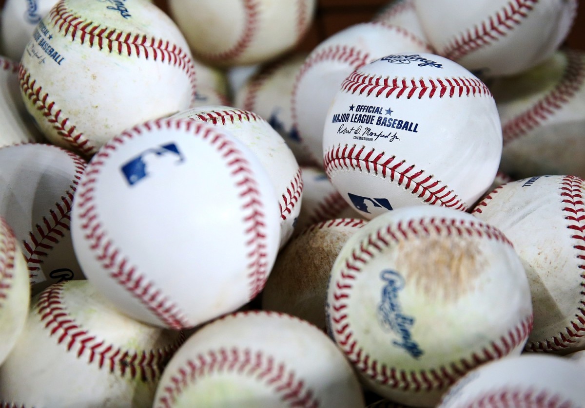 Oct 15, 2021; Houston, Texas, USA; General view of batting practice baseballs before game one of the 2021 ALCS between the Houston Astros and the Boston Red Sox at Minute Maid Park. Mandatory Credit: Troy Taormina-USA TODAY Sports