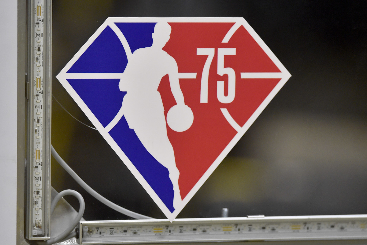 The NBA 75th Anniversary logo on a backboard at Rocket Mortgage FieldHouse.