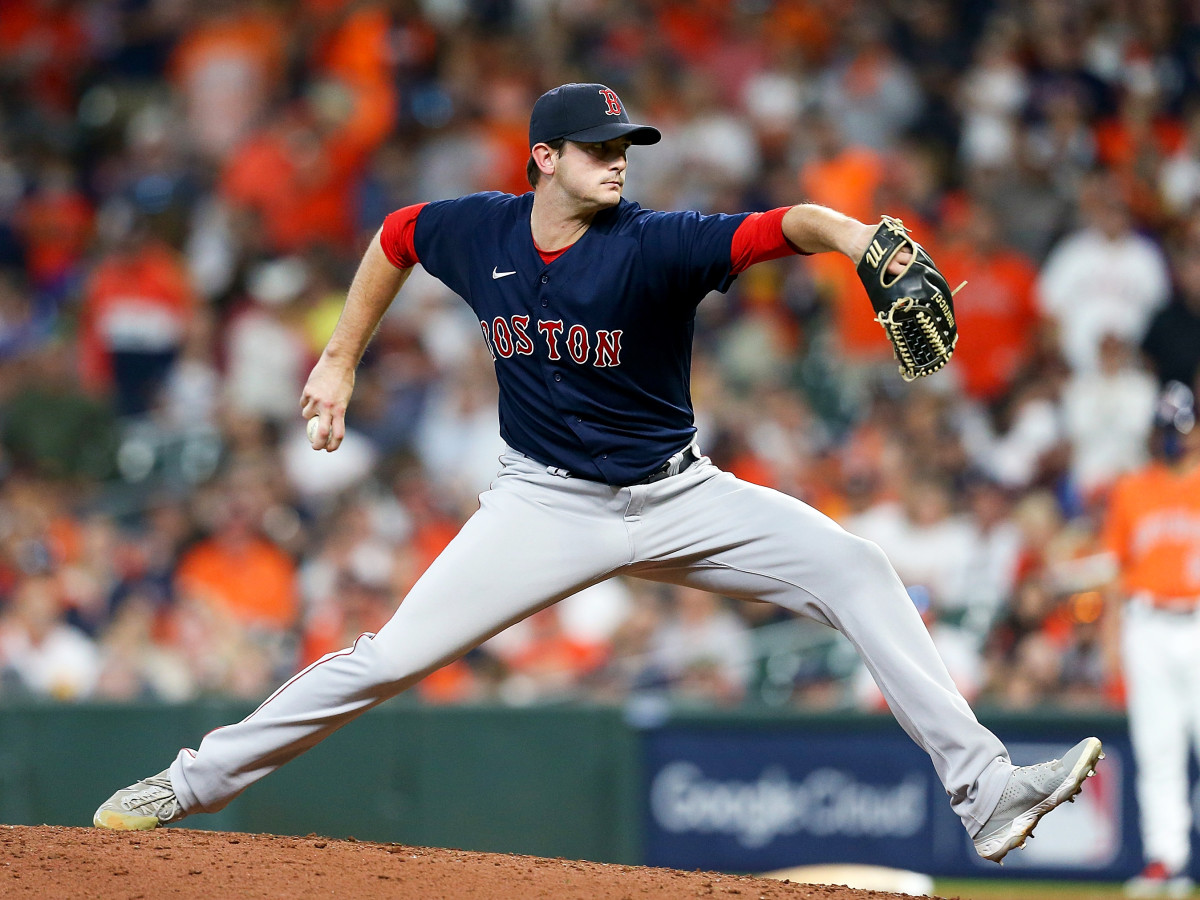 Oct 16, 2021; Houston, Texas, USA; Boston Red Sox relief pitcher Garrett Whitlock (72) pitches against the Houston Astros during the seventh inning in game two of the 2021 ALCS at Minute Maid Park.
