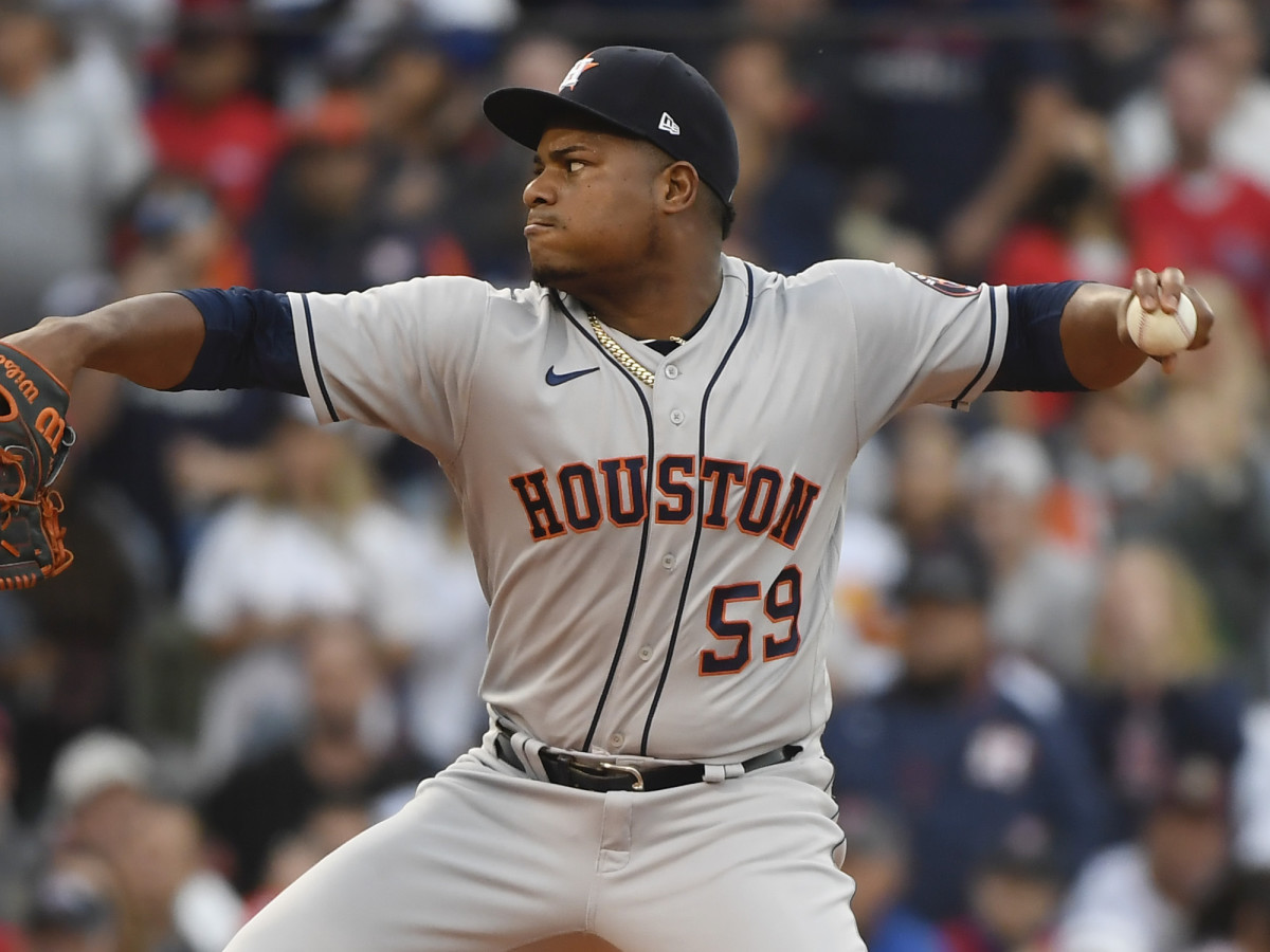 Houston Astros starting pitcher Framber Valdez (59) throws a pitch against the Boston Red Sox during the first inning in game five of the 2021 ALCS at Fenway Park.