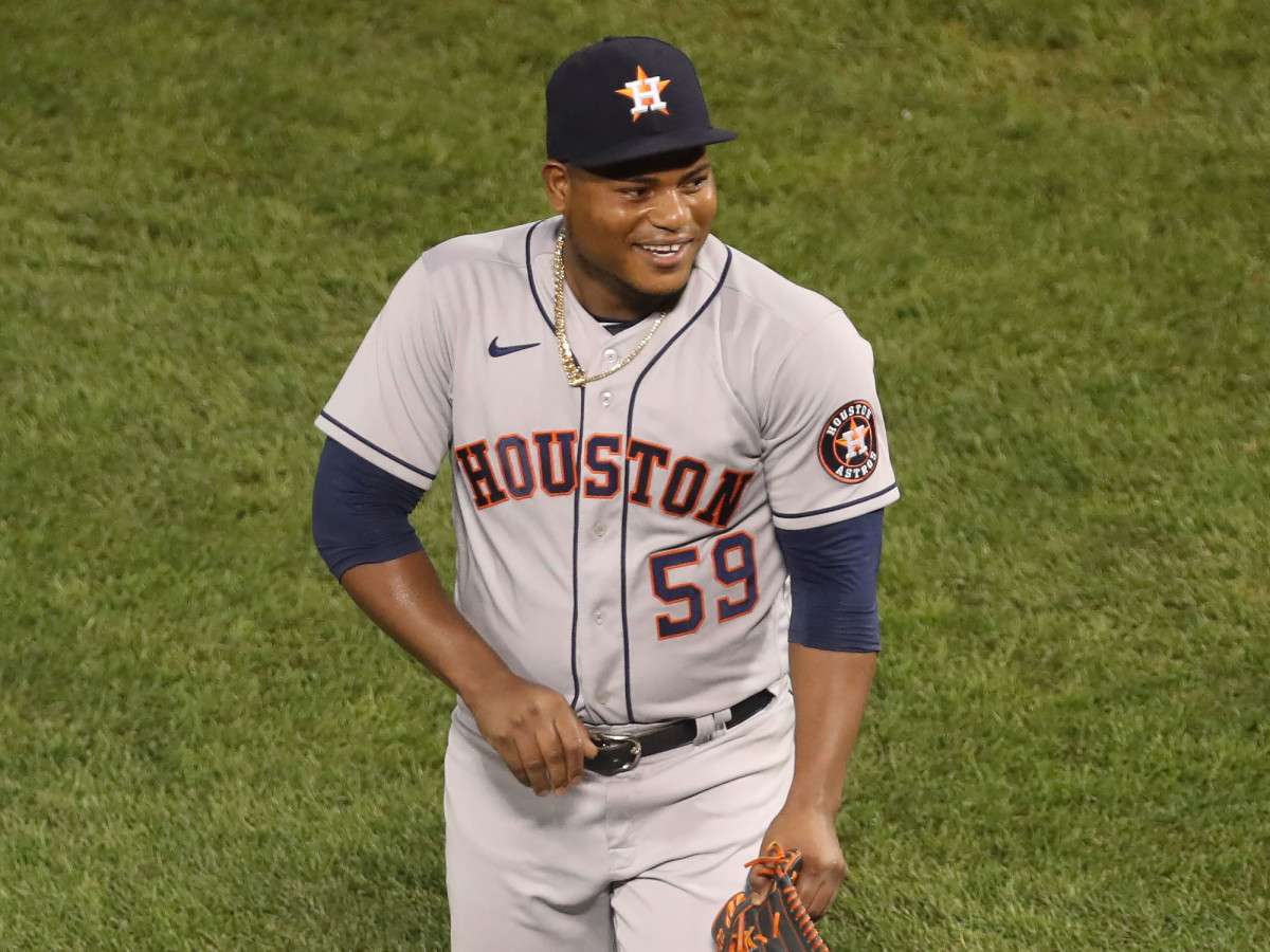 Houston Astros starting pitcher Framber Valdez (59) walks off of the field at the end of the sixth inning of game five of the 2021 ALCS against the Boston Red Sox at Fenway Park.