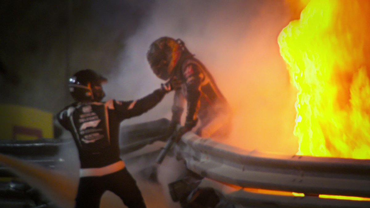 Romain Grosjean escapes a fiery crash.