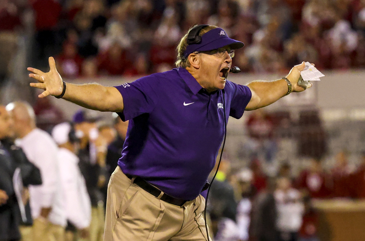 Oct 16, 2021; Norman, Oklahoma, USA; TCU Horned Frogs head coach Gary Patterson reacts during the second half against the Oklahoma Sooners at Gaylord Family-Oklahoma Memorial Stadium.