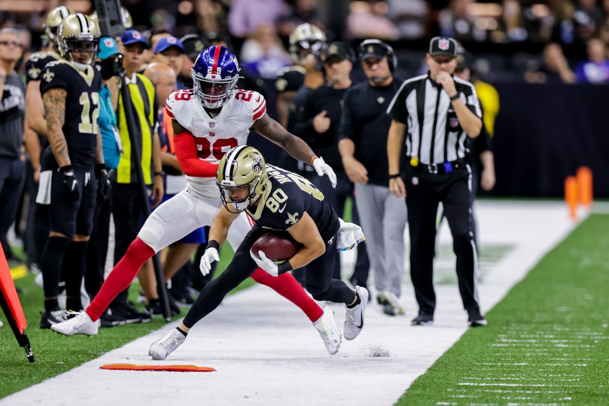 Giants safety Xavier McKinney (29) pushes New Orleans Saints wide receiver Chris Hogan (80) out of bounds. Mandatory Credit: Stephen Lew-USA TODAY Sports