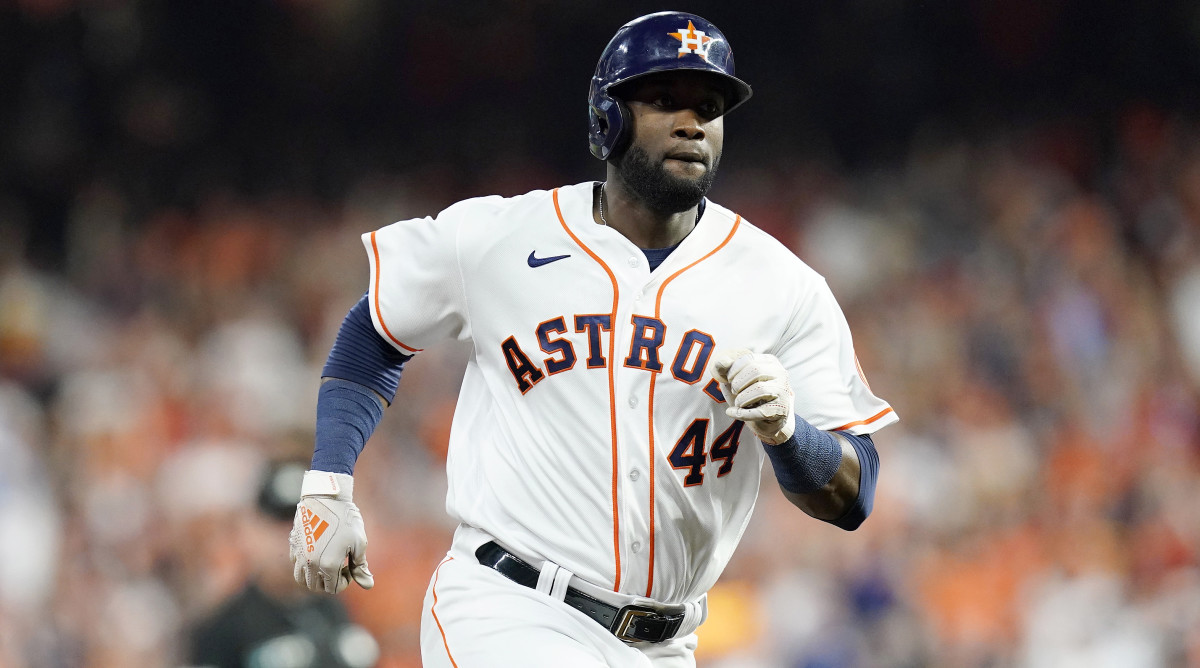 Oct 22, 2021; Houston, Texas, USA; Houston Astros designated hitter Yordan Alvarez (44) rounds the bases after hitting a triple in the sixth inning against the Boston Red Sox during game six of the 2021 ALCS at Minute Maid Park.