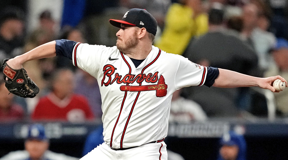 Atlanta Braves relief pitcher Tyler Matzek (68) pitches during the eighth inning against the Los Angeles Dodgers in game six of the 2021 NLCS at Truist Park.