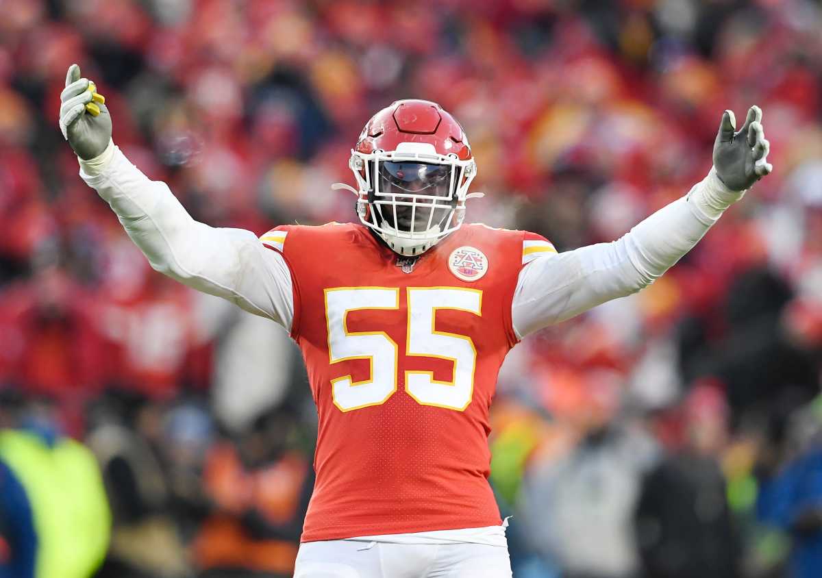 Kansas City Chiefs defensive end Frank Clark (55) reacts in the closing minutes of the team s 35-24 win over the Tennessee Titans in the AFC Championship game at Arrowhead Stadium Sunday, Jan. 19, 2020 in Kansas City, Mo. Gw52584