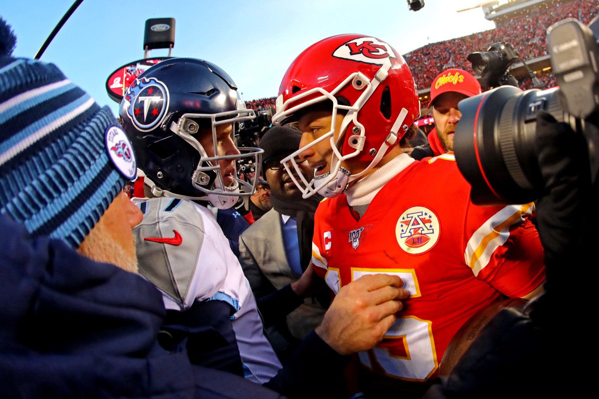 Jan 19, 2020; Kansas City, Missouri, USA; Kansas City Chiefs quarterback Patrick Mahomes (15) greets Tennessee Titans quarterback Ryan Tannehill (17) after the AFC Championship Game at Arrowhead Stadium. Mandatory Credit: Jay Biggerstaff-USA TODAY Sports