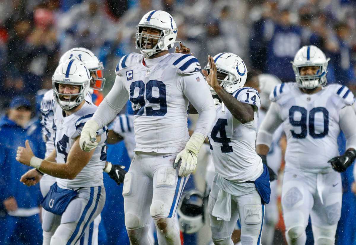 Indianapolis Colts tight end Jack Doyle (84), defensive tackle DeForest Buckner (99) and wide receiver Zach Pascal (14) celebrate after winning the game against the San Francisco 49ers, 30-18, Sunday, Oct. 24, 2021, at Levi's Stadium in Santa Clara, Calif. Indianapolis Colts Visit The San Francisco 49ers For Nfl Week 7 At Levi S Stadium In Santa Clara Calif Sunday Oct 24 2021