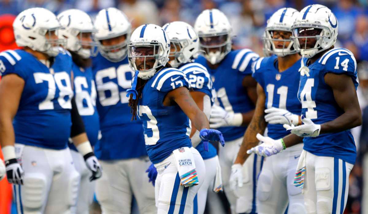 Indianapolis Colts wide receiver T.Y. Hilton (13) moves into the huddle Sunday, Oct. 17, 2021, during a game against the Houston Texans at Lucas Oil Stadium in Indianapolis.