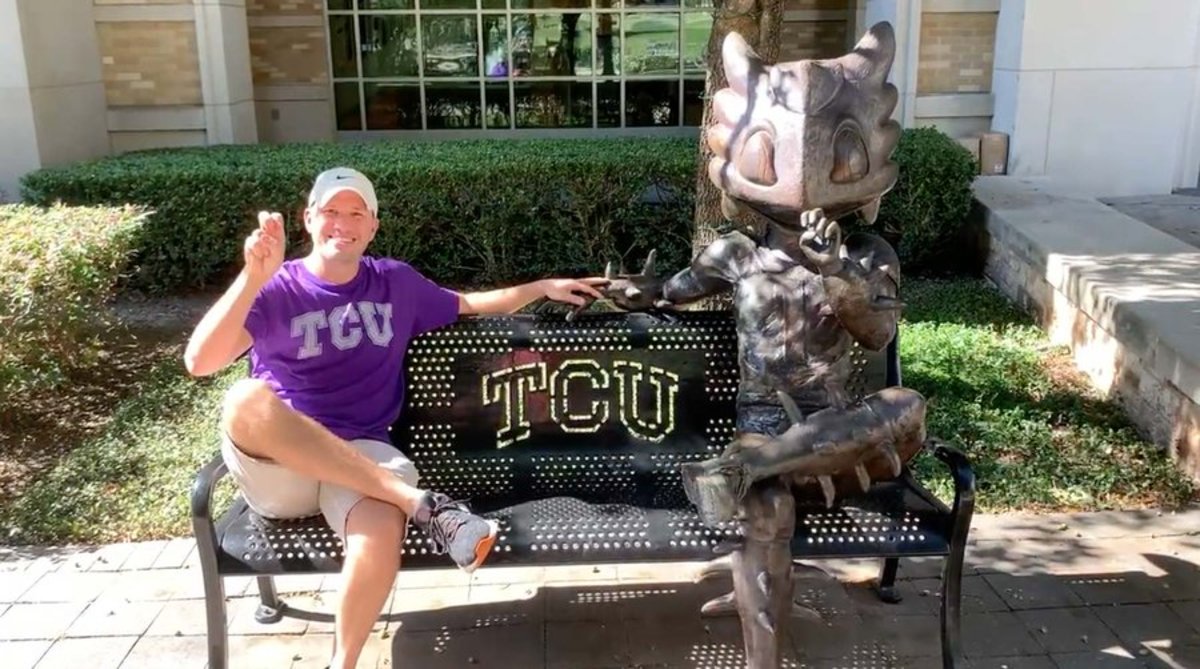 Andrew Bauhs of College Football Tour visited TCU as his 88th stop on his journey to attend a game at all 130 FBS stadiums.