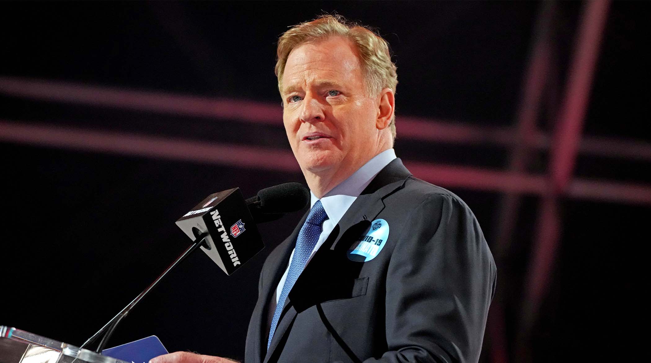 Apr 29, 2021; Cleveland, Ohio, USA; NFL commissioner Roger Goodell announces the final pick of the 2021 NFL Draft for the Tampa Bay Buccaneers at First Energy Stadium.
