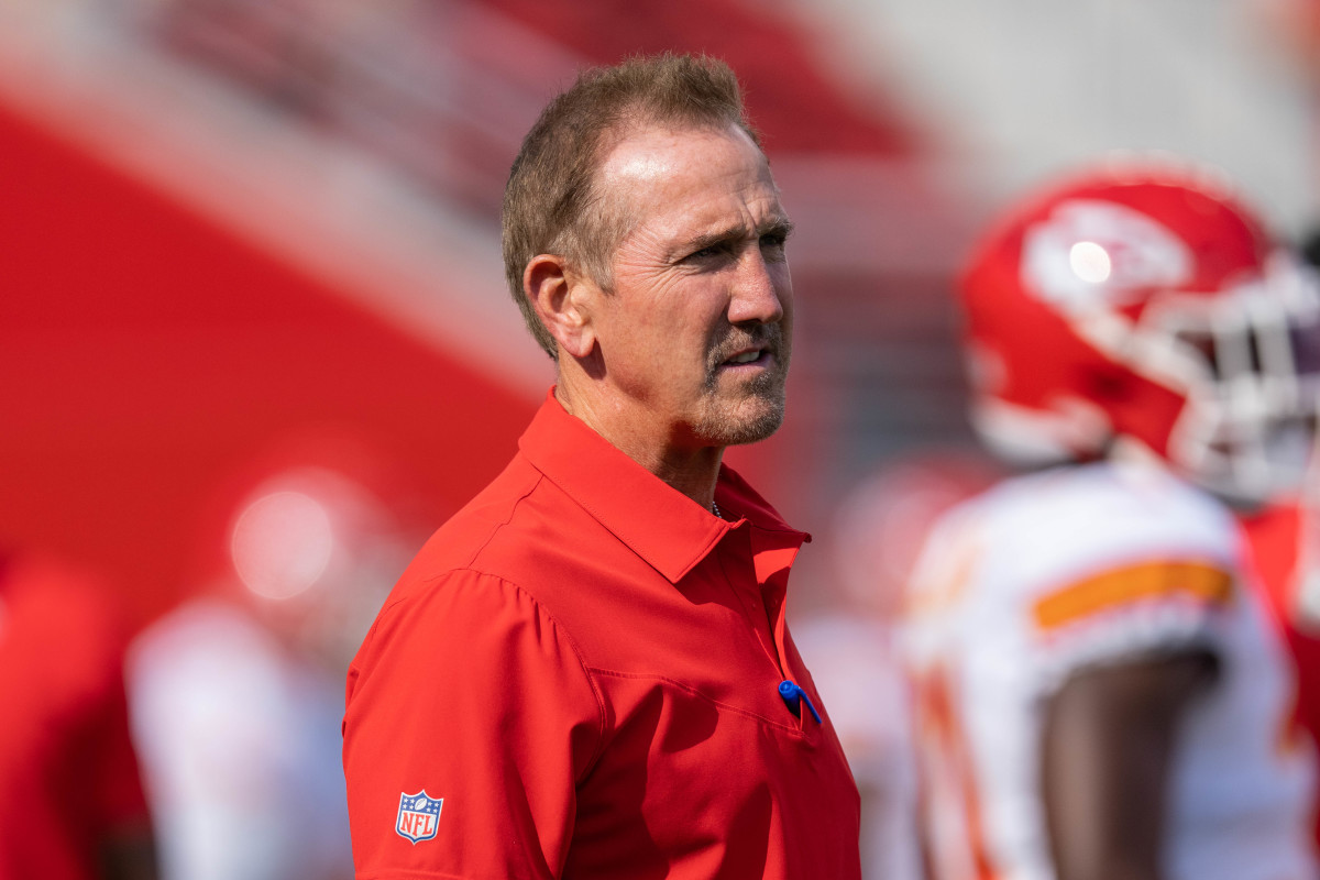 August 14, 2021; Santa Clara, California, USA; Kansas City Chiefs defensive coordinator Steve Spagnuolo before the game against the San Francisco 49ers at Levi's Stadium. Mandatory Credit: Kyle Terada-USA TODAY Sports