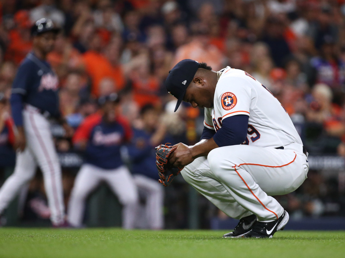 Houston Astros starting pitcher Framber Valdez (59) reacts during the second inning against the Atlanta Braves in game one of the 2021 World Series at Minute Maid Park.