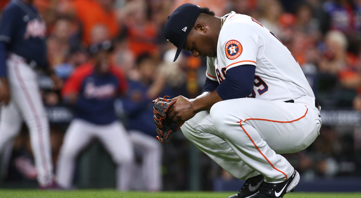 Houston Astros starting pitcher Framber Valdez (59) reacts during the second inning against the Atlanta Braves in game one of the 2021 World Series at Minute Maid Park.