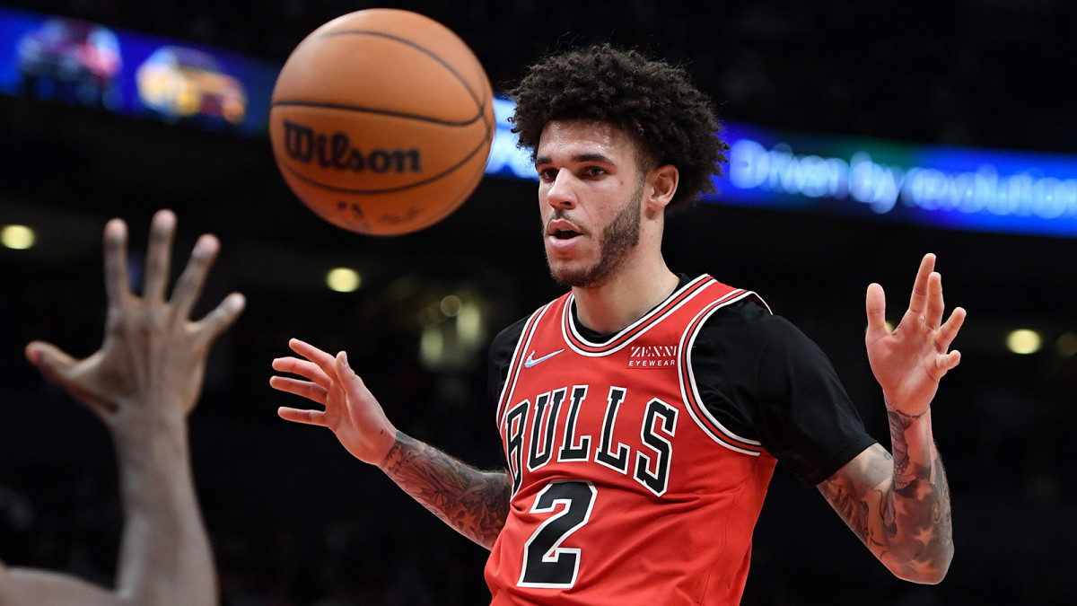 Chicago Bulls guard Lonzo Ball reacts after scoring a basket against Toronto Raptors.