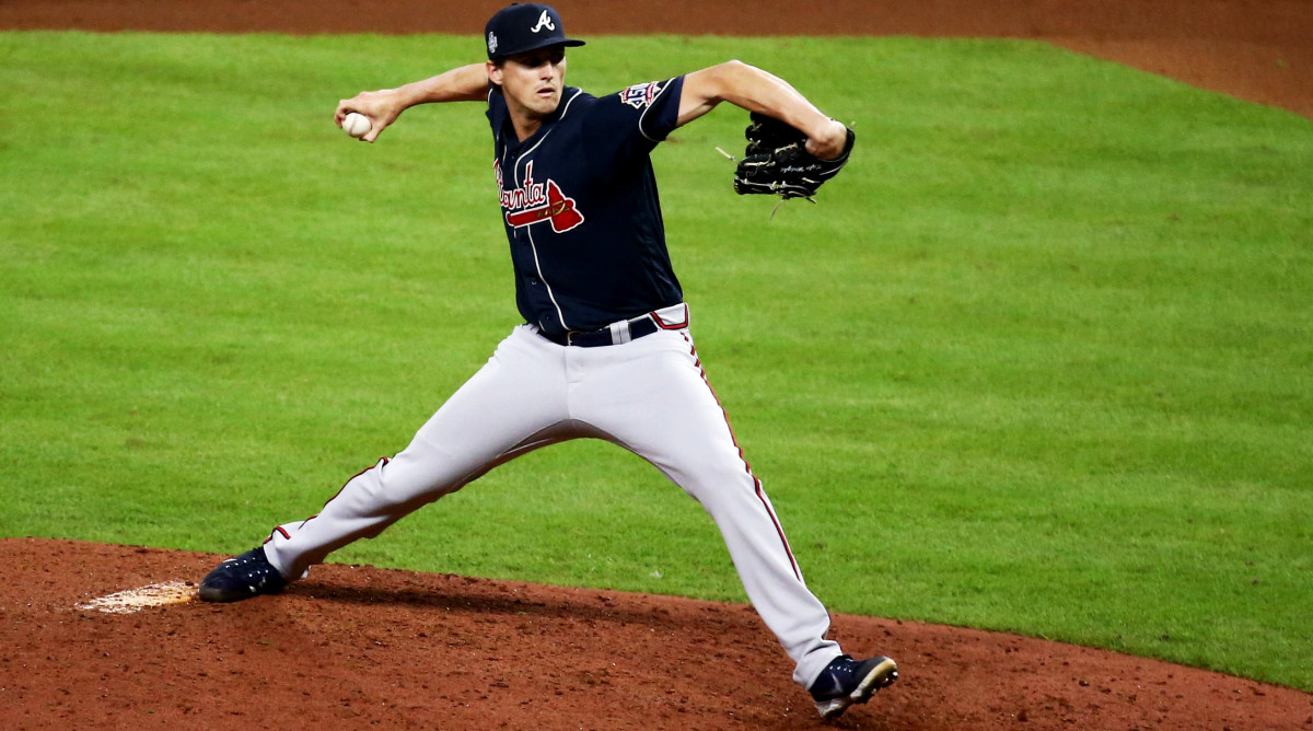 Oct 27, 2021; Houston, TX, USA;  Atlanta Braves pitcher Kyle Wright (30) throws a pitch against the Houston Astros during the eighth inning in game two of the 2021 World Series at Minute Maid Park.