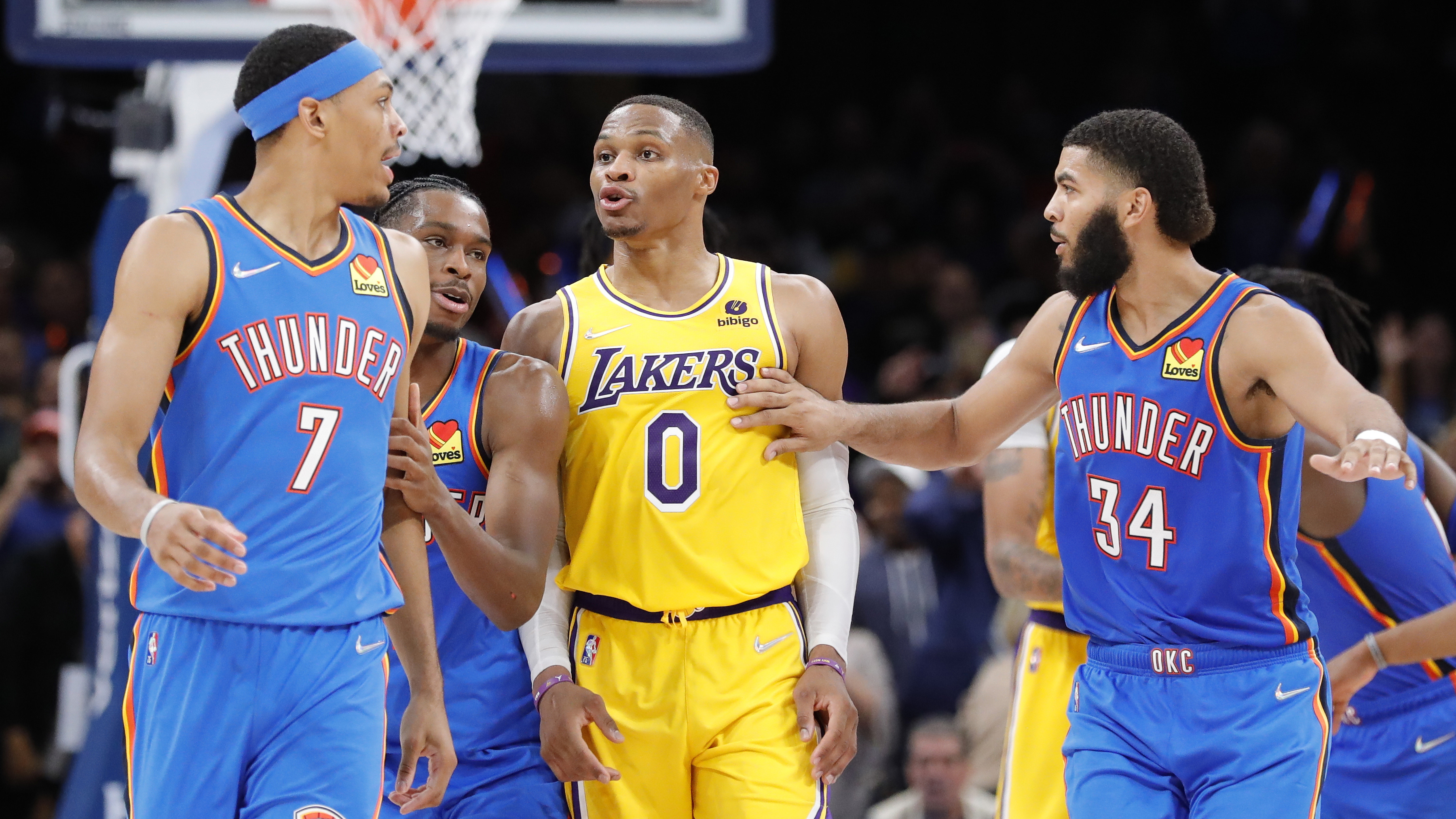 Russell Westbrook confronts Darius Bazley after a late dunk