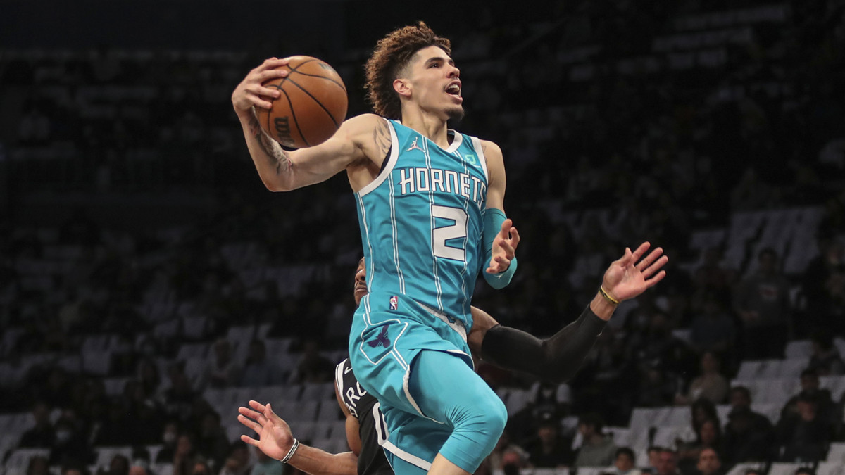 Charlotte Hornets guard LaMelo Ball goes in for a layup in the first quarter against the Brooklyn Nets.