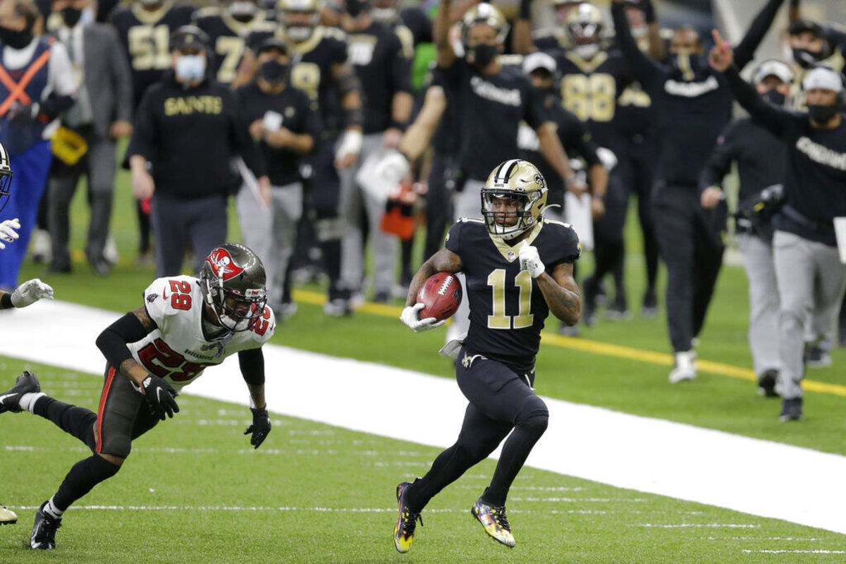 New Orleans Saints receiver Deonte Harris (11) breaks into open space against the Tampa Bay Buccaneers. Credit: Nola.com