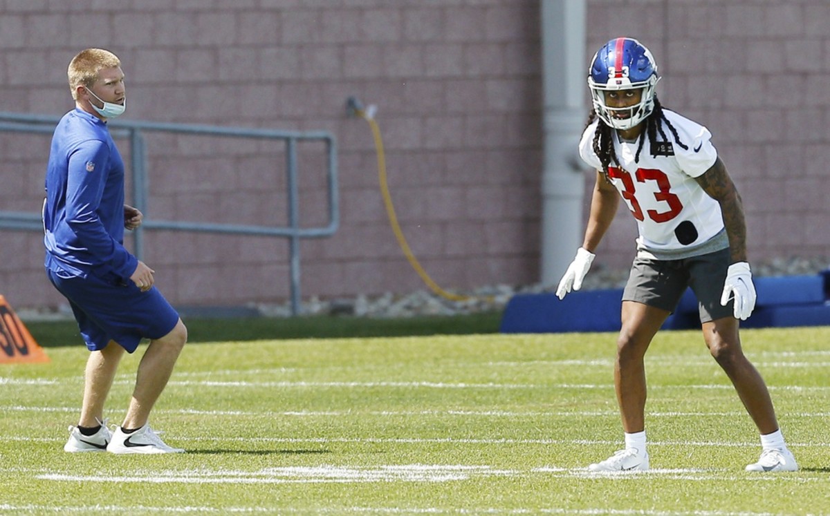 May 14, 2021; East Rutherford, New Jersey, USA; New York Giants cornerback Aaron Robinson (33) works out during rookie minicamp at Quest Diagnostics Training Center.