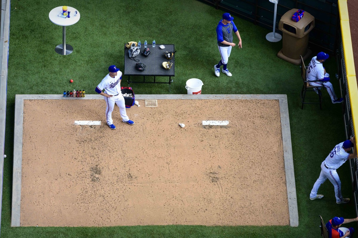 Apr 5, 2021; Arlington, Texas, USA; A view of the Texas Rangers bullpen during the game between the Texas Rangers and the Toronto Blue Jays at Globe Life Field. Mandatory Credit: Jerome Miron-USA TODAY Sports