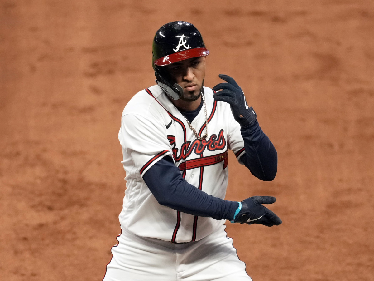 Oct 30, 2021; Atlanta, Georgia, USA; Atlanta Braves left fielder Eddie Rosario (8) reacts after a single against the Houston Astros during the third inning of game four of the 2021 World Series at Truist Park.