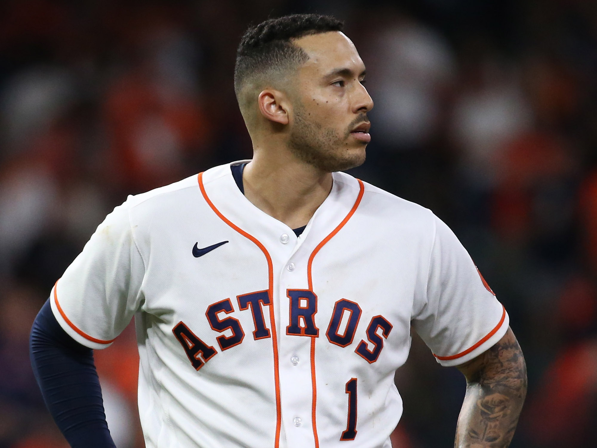 Houston Astros shortstop Carlos Correa (1) reacts after striking out against the Atlanta Braves during the sixth inning in game six of the 2021 World Series at Minute Maid Park.