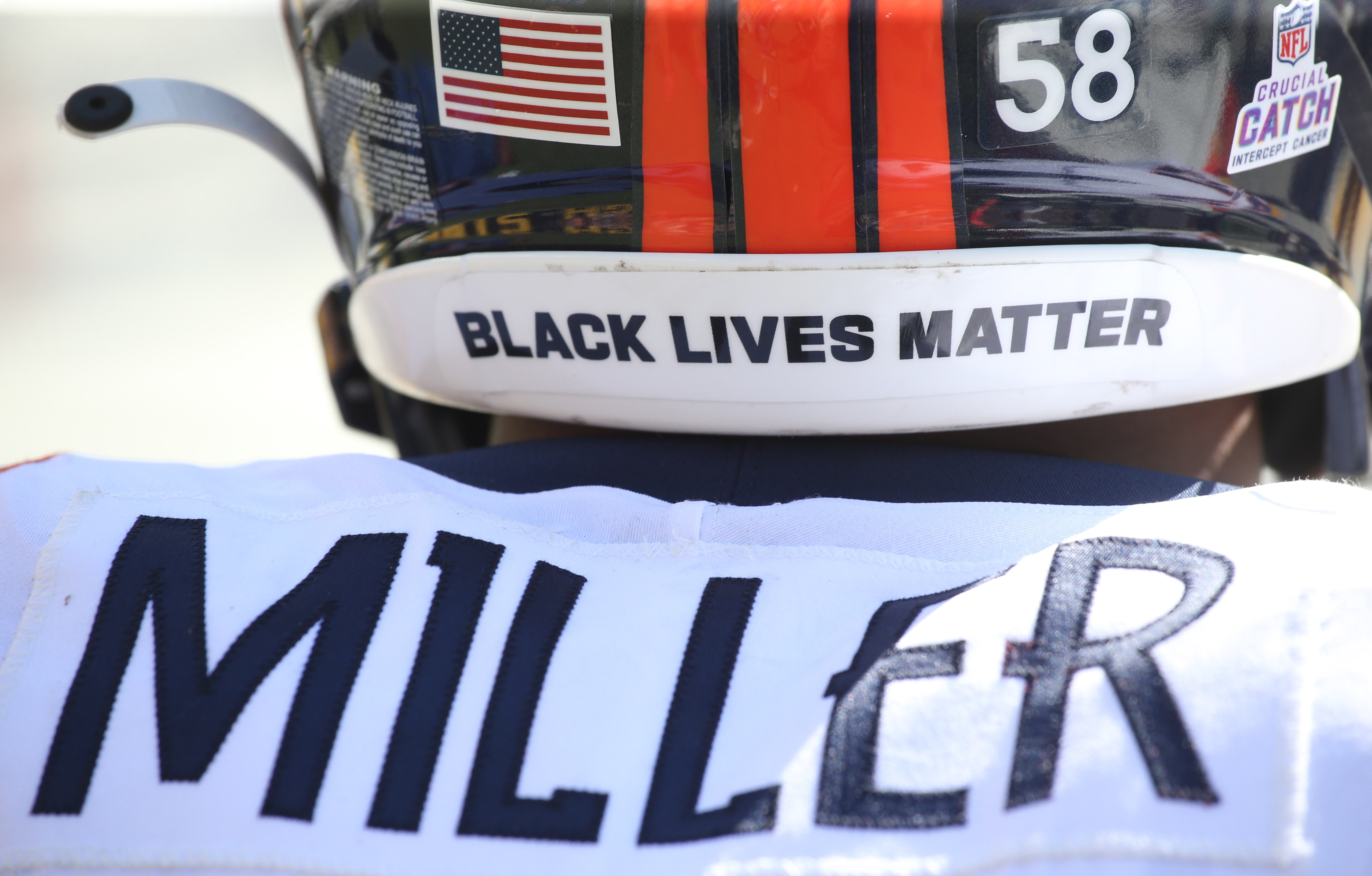 View of the helmet stickers and nameplate worn by Denver Broncos outside linebacker Von Miller (58) against the Pittsburgh Steelers during the second quarter at Heinz Field.